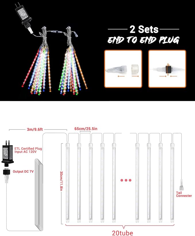 iBaycon 20 Tubes 480 LED Meteor Shower Rain Lights, 11.8 inches Cascading Icicle Lights Waterproof Outdoor, Connectable Falling Raindrop Lights with Timer for Holiday Party Christmas Decorations