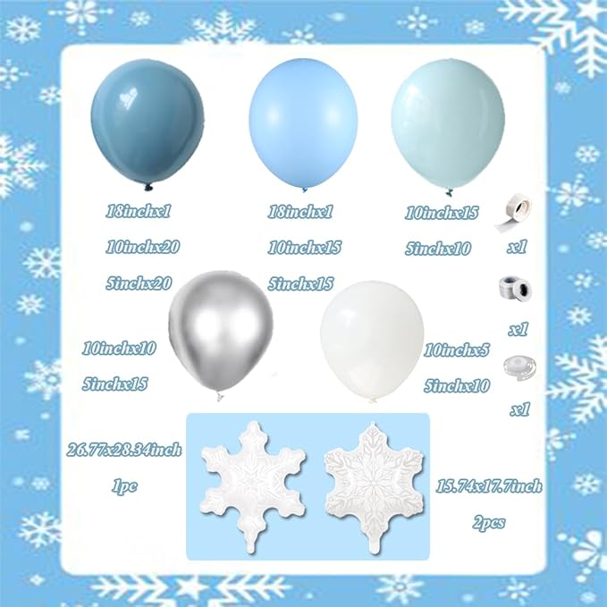 144Pcs Winter Wonderland Balloon Garland Arch Kit, Blue White Metallic Silver Latex Balloons with Snowflake Foil Balloons for Christmas Holiday Snow Princess Baby Shower Birthday Decorations