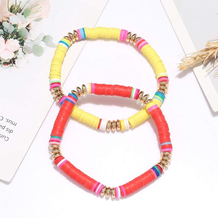 Surfer Heishi Bracelets for Women Stackable Rainbow Vinyl Disc Clay Beaded Stretch Bracelets Elastic Layering Friendship Bracelets Boho Summer Beach Jewelry