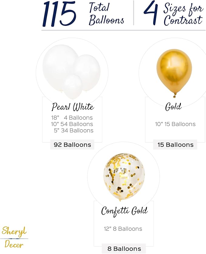 ALL-IN-1 White and Gold Balloons Garland & Arch Kit – Small and Large Gold and White Balloons – Party Decorations for Wedding, Birthday, Bridal Shower, Baby Shower, Graduation, Confetti