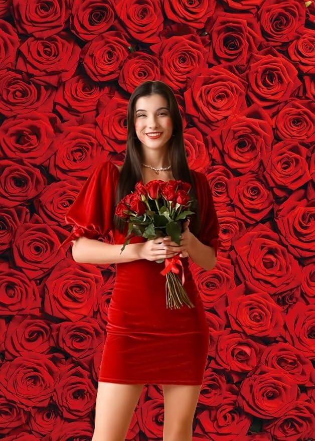 RUINI Red Rose Floral Wedding Photography Backdrop Rose Wall Valentines Day Wedding Bridal Shower Party Decorations Banner 8x10FT