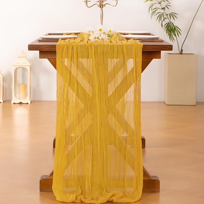Socomi 3pcs Gold Yellow Easter Spring Cheesecloth Table Runner Boho Rustic Gauze 120 inch 10FT Cheese Cloth Runner for Wedding Party Baby Shower Birthday Home Decor Holiday Decorations
