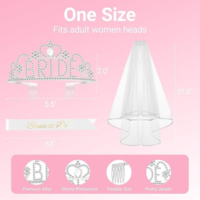 3Pcs Bride to Be Sash with Crown and Veil for Bachelorette Party Decorations，Bridal Shower Accessories for Gift, Favors