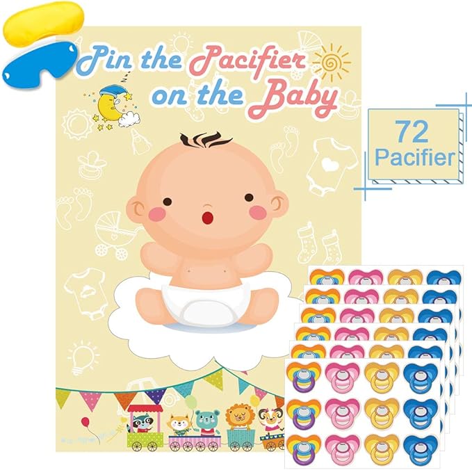 Hxezoc Pin The Pacifier On The Baby Game - Large Poster for Baby Shower Party, Kids Birthday Party Supplies - 72 Pacifier Stickers