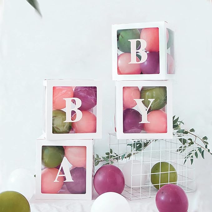 Baby Boxes with Letters for Baby Shower,Clear Baby Shower Decorations Block Boxes for Gender Reveal,Transparent Balloon Box Backdrop Birthday Party,4PCS