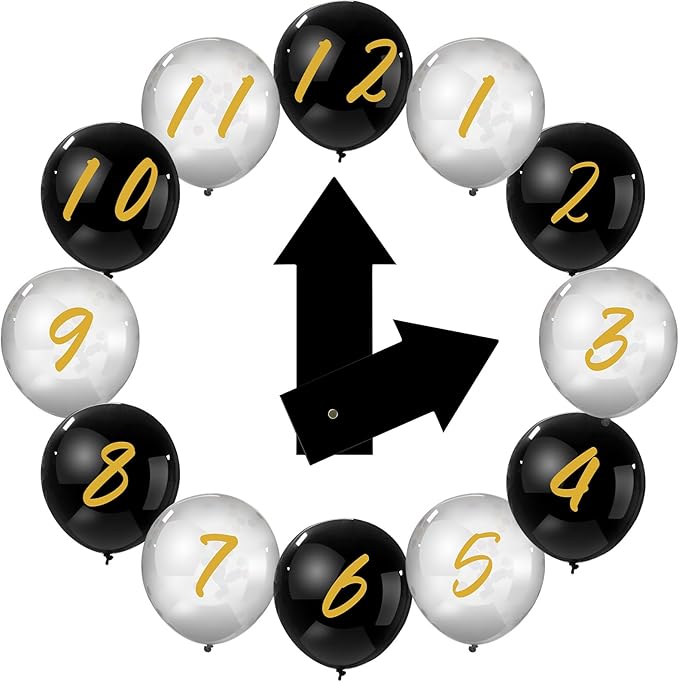14 Pcs New Year Eve Party Decor Kit Wall Clock Countdown Balloons Set with Confetti Inside, Countdown Celebration Picture Ready Wall for Year End Decor Celebration (Black Sliver Gold)