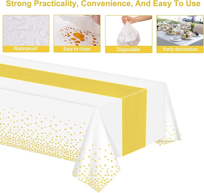 12 Pack White Gold Tablecloth and Table Runner Set Party Decorations, White and Gold Plastic Disposable Tablecloth and Satin Table Runner for Wedding Birthday Party (White and Gold)