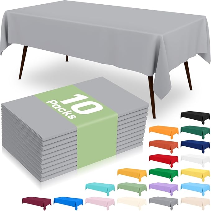 misaya 10 Packs Disposable Plastic Table Cloth, 54 x 108 Inch Waterproof Rectangle Tablecloth, Leakproof & Sturdy Decorative Table Covers for Easter, Picnic, Party and Outdoor, Grey