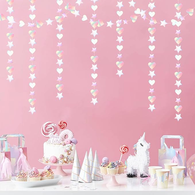 Iridescent Disco-Holographic Party-Decorations Star Heart-Garland - 52Ft Valentines Day Neon Wedding Hanging Paper Streamers Banner,Birthday Bachelorette Baby Bridal Shower Engagement Decor Ouruola
