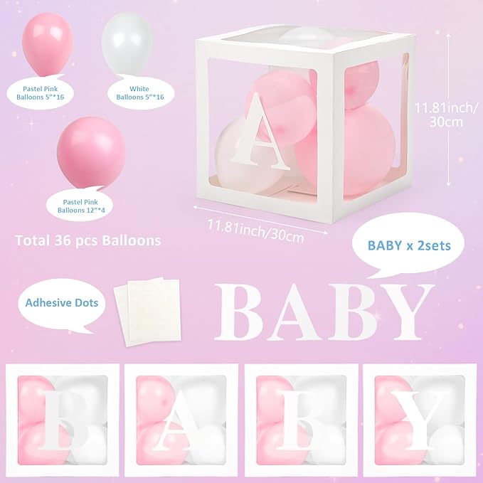 Baby Boxes with Letters for Baby Shower, 4 Transparent Balloon Boxes with Letters for Gender Reveal Birthday Wedding Baby Shower Decorations( Pink and White Balloons)