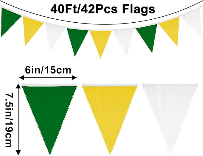 GCQQ 39Ft Yellow Green White Banner - 42PCS Cotton Pennant Banner Flags Spring Summer Triangle Golf Wall Banners for Football Banquets Birthday Wedding Tea Party Outdoor Patio Graduation Decoration