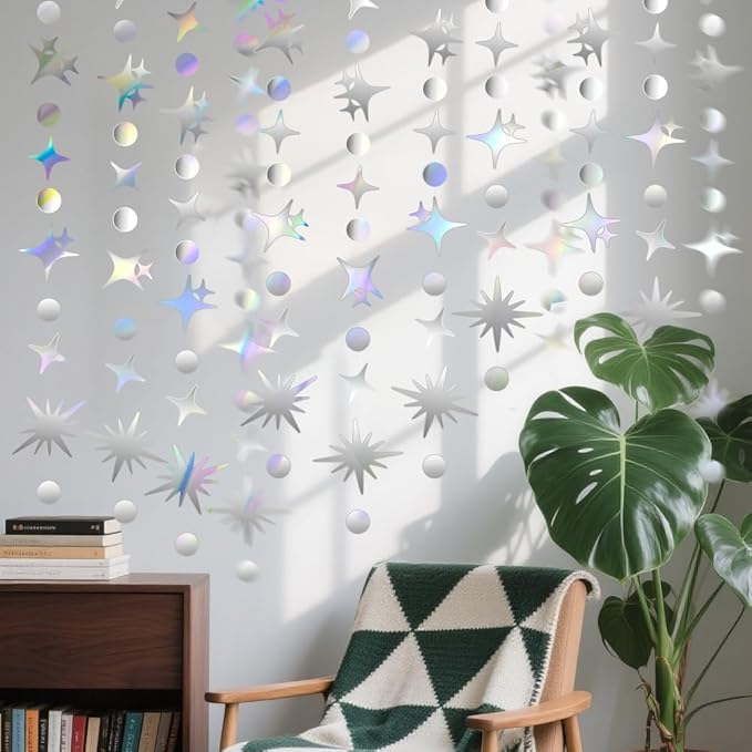 Glitter Star Garlands Decorations, 46 Feet Star Paper Garland Banner, Circle Dot Star Hanging Streamers for Valentine's Day Wedding Anniversary Birthday Ramadan Graduation Party Supplies Decorations