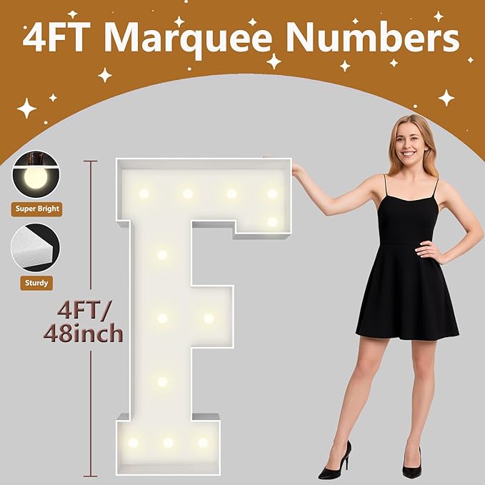 4FT Marquee Light Up Letters, Large Marquee Letters, Pre-cut Foam Board Letter F for Engagement Wedding Decorations Birthday Party Backdrop Decor, Balloon Arch Kit