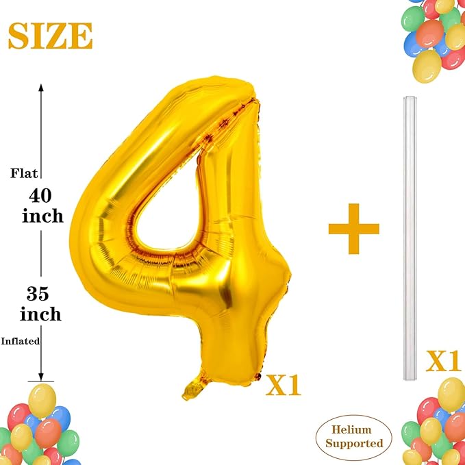40 Inch Gold Large Numbers Balloons 0-9 Giant Jumbo Number 4 Digit 4 Helium Balloons, Big Foil Mylar Number Balloons for Boys Girls Kids Women Birthday Party Anniversary Supplies Decorations