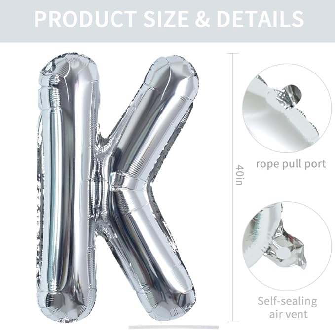 TONIFUL 40 Inch Large Silver Letter K Helium Foil Mylar Balloon for 2026 New Year Eve Graduation Wedding Baby Shower Birthday Party Anniversary Supplies Decorations