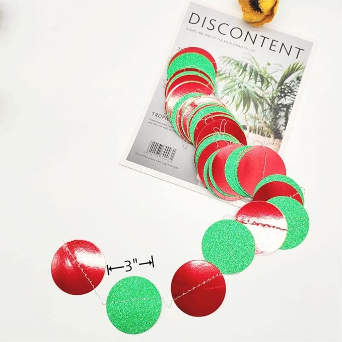 JEYE Red Green Circle Dots Party Garland Banner Decoration Paper Streamer Backdrop Hanging Decor for Birthday Engagement Wedding Christmas Party Decor, Pack of 2, 26 Feet in Total