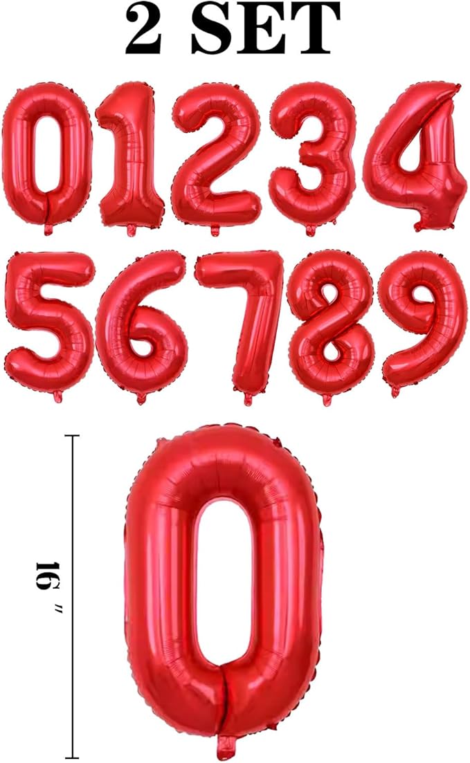 2 Set 20 Pcs Number Balloons 16 Inch Red 0-9 Number Mylar Foil Balloons Red Custom Digital Balloons for Birthday Party Engagement Graduations Anniversary Baby Shower Decor Party Supplies