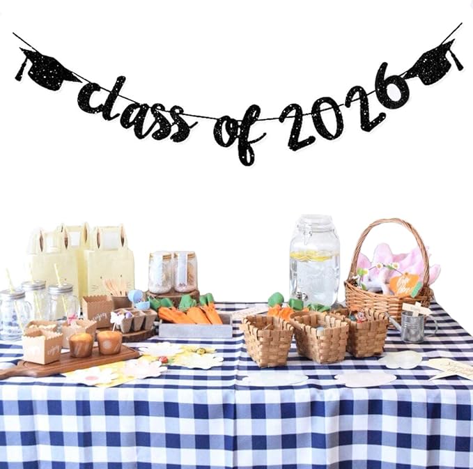 Class of 2026 Graduation Banners Party Decorations, Black Glitter Graduation Banners Garland for Congratulation Graduations Party Supplies, School, Home, Car Decorations
