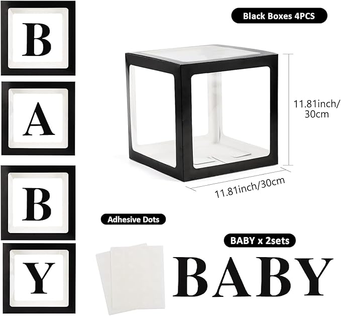 Baby Boxes with Letters for Baby Shower, 4 Transparent Balloon Boxes with Letters for Gender Reveal Birthday Wedding Baby Shower Decorations (Black)