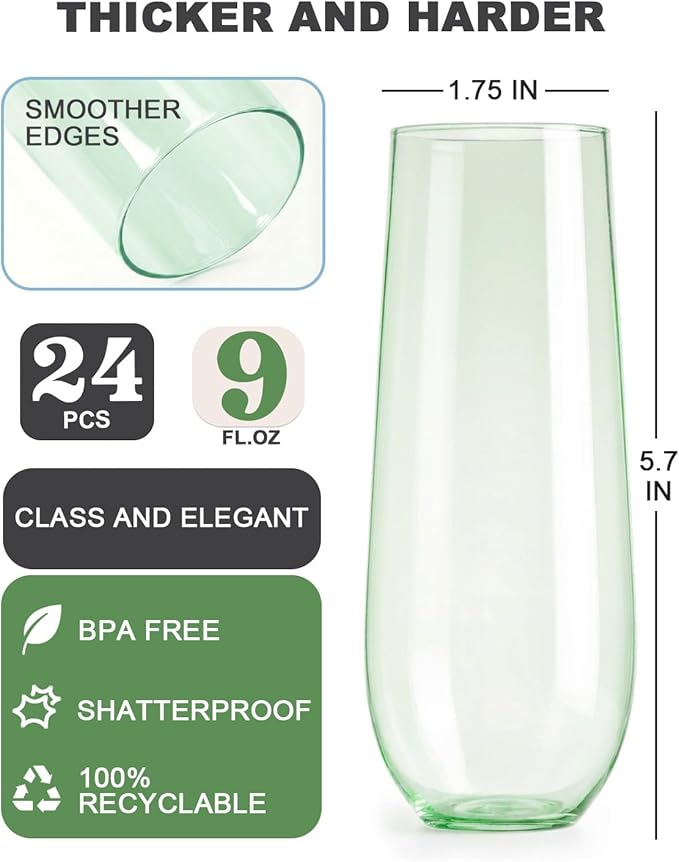 24 Pcak Champagne Flutes Plastic, 9 Oz Disposable Stemless Mimosa Toasting Glasses, Clear Crystal Plastic Cocktail Cups for Party Wedding Birthday (Green)