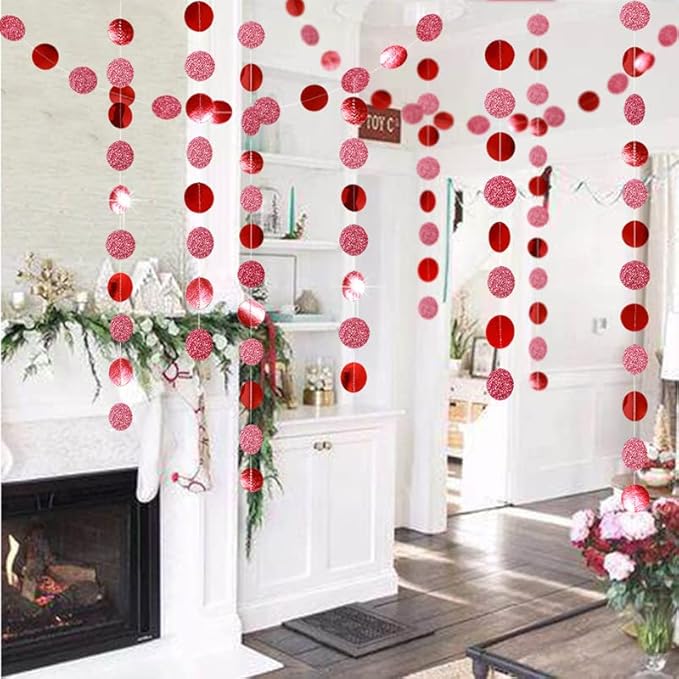 JEYE Red Circle Dots Party Garland Decoration Metallic Hanging Streamer Bunting Banner Backdrop Decor for Baby Shower Birthday Wedding Thanksgiving Christmas Party Decor, Pack of 2, 26 Feet in Total