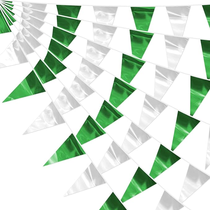 32.8FT Green Silver Glitter Triangle Pennant Banner Flag Metallic Bunting Outdoor Garland for Christmas Graduation Wedding Engagement Anniversary Bachelorette Bridal Shower Valentine's Party Decor