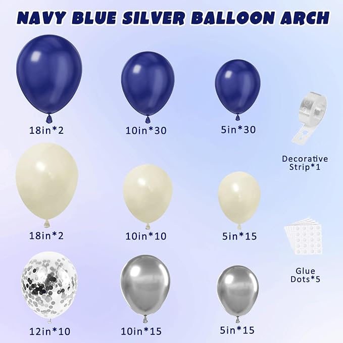 Navy Blue Silver Balloons Arch Kit, Double Stuffed Pearl White Royal Dark Blue Silver Chrome with Confetti Balloons Garland Kit for Birthday Wedding Graduation Father's Day Decorations