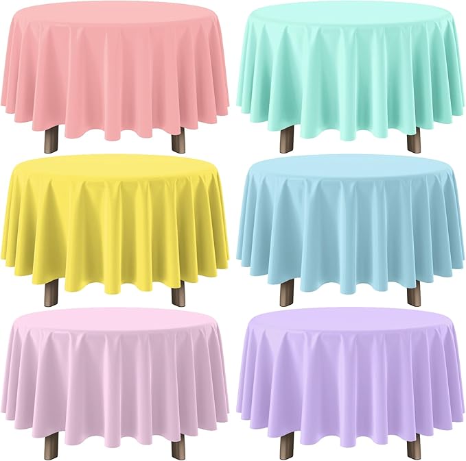 6Pcs Round Pastel Tablecloths, Rainbow Mix Color Plastic Tablecloth Disposable Round Table Covers for Baby Shower,Bridal,Wedding, Easter,Birthday and Ice Cream Party Decoration,84 Inch