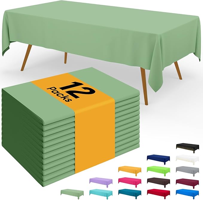 Smiry Disposable Table Cloth - 12 Pack, 54 x 108 Inch Waterproof Rectangle Tablecloths for Parties, Decorative Plastic Table Cover, Leakproof & Sturdy, Sage Green