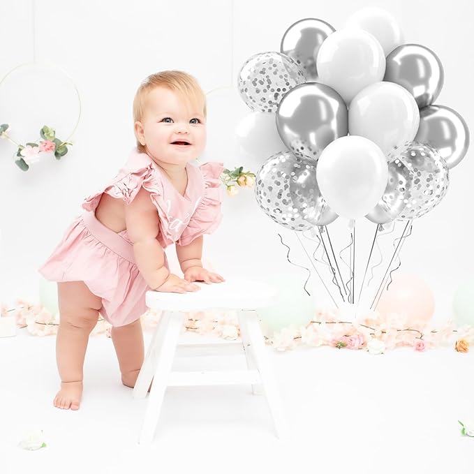 Patimate White and Silver Balloons Set, 50 pcs 12 inch Metallic Silver White Confetti Latex Balloons Kit for Birthday Wedding Anniversary Baby Shower Party Decorations