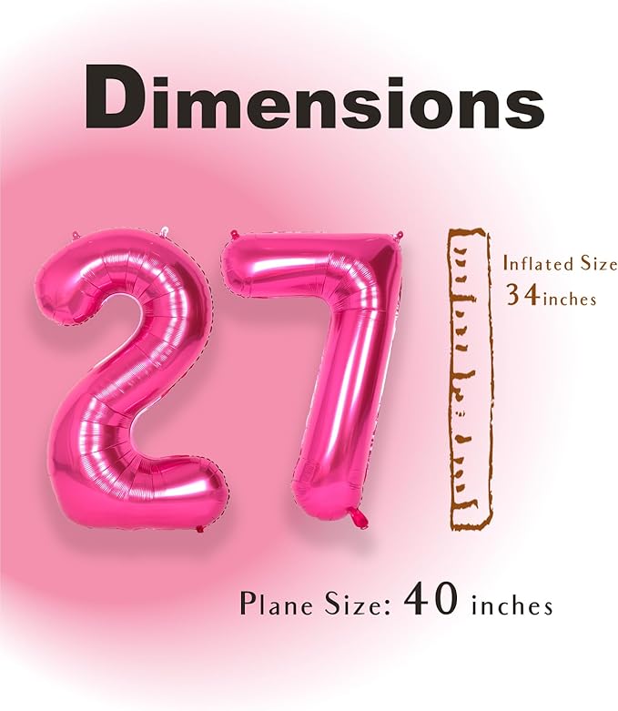 SUWEN 40 Inch Large Hot Pink 27 Balloon Numbers Big Foil Helium Number Balloons 0-9 Jumbo Happy 27th Mylar Birthday Party Decorations for Women 72 Anniversary Party Supplies