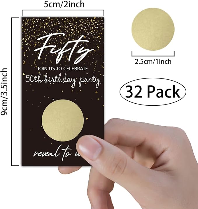 REWIDPARTY Black Gold Fifty Birthday Scratch Off Cards（32 PCS） 50th Birthday Party Game Scratch Cards Cheers to 50 Years Party Supplies Activity for Black Gold Birthday Raffle Tickets Kids Adults