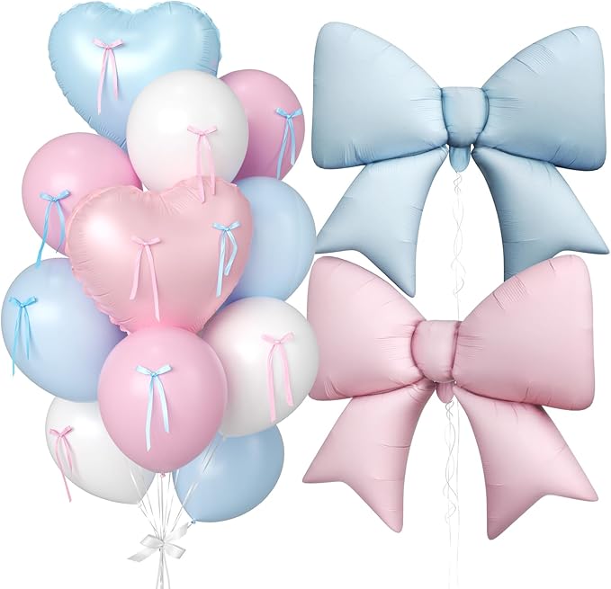 Gender Reveal Balloons, Pink and Blue Heart Balloons 38 Inch Bow Balloon, Baby Blue Light Pink White Balloon for Boys Girls Birthday Wedding Bridal Baby Shower Valentine Gender Reveal Decorations