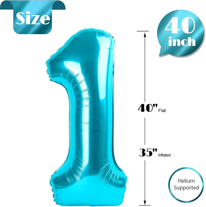 Light Blue Number 1 Balloon for First Birthday 40 Inch, 1st One Number Balloons Birthday Decorations for Girl Boy Toddler Baby