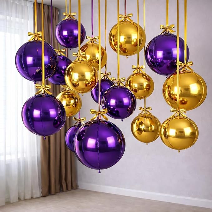 Togvu Purple Gold Round Foil Balloons, 16PCS Different Sizes 4D Metallic Balloon Large Sphere Mirror Ball Balloons for Prom Graduation New Year Festival Birthday Party Ceiling Decorations Supplies