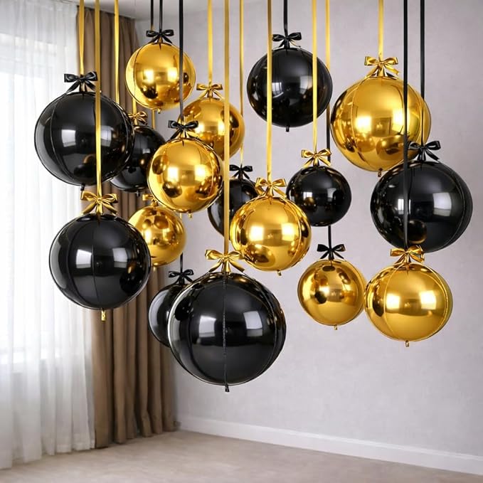 Togvu Black Gold Round Foil Balloons, 16PCS Different Sizes 4D Metallic Balloon Large Sphere Mirror Ball Balloons for Prom Graduation New Year Retirement Birthday Party Ceiling Decorations Supplies