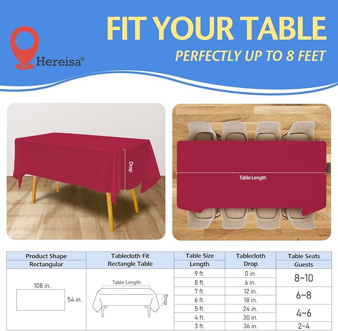 8-Count Red Disposable Plastic Tablecloths Rectangle 54x108 Inch - Extra Long Waterproof Banquet Table Covers for Parties & Catering