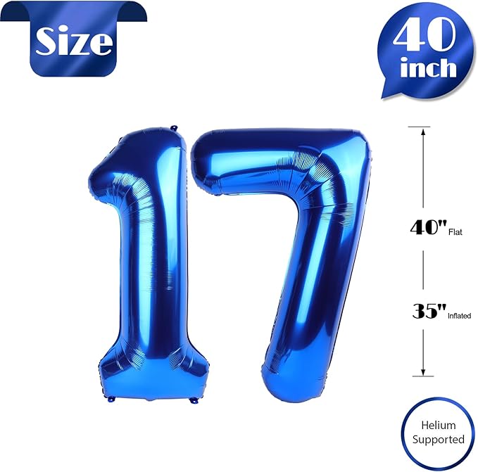Navy Blue Number 17 Balloon 40 inch, 17 Number Balloons, 17th Navy Blue Birthday Decorations, 17 Year Old Girls Boys Blue Party Supplies