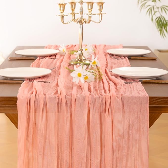 Socomi 3pcs Coral Peach Easter Spring Cheesecloth Table Runner Boho Rustic Gauze 120 inch 10FT Cheese Cloth Runner for Wedding Party Baby Shower Birthday Home Decor Holiday Decorations
