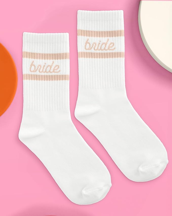 xo, Fetti Bride Socks, White + Tan | Bride To Be Gift, Bachelorette Party Favor, Bach Party Decorations, Wedding Day Sandals, Bridesmaid Gift, Bridal Shower Party Favor