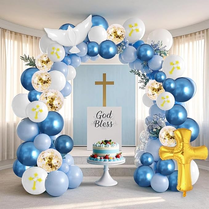 132Pcs First Holy Communion Blue Balloon Garland Arch Kit God Bless Baptism Party Decoration Christian Religious Decor Cross Dove Balloon Girl Mi Bautizo Christening Birthday Baby Shower Party Supplie