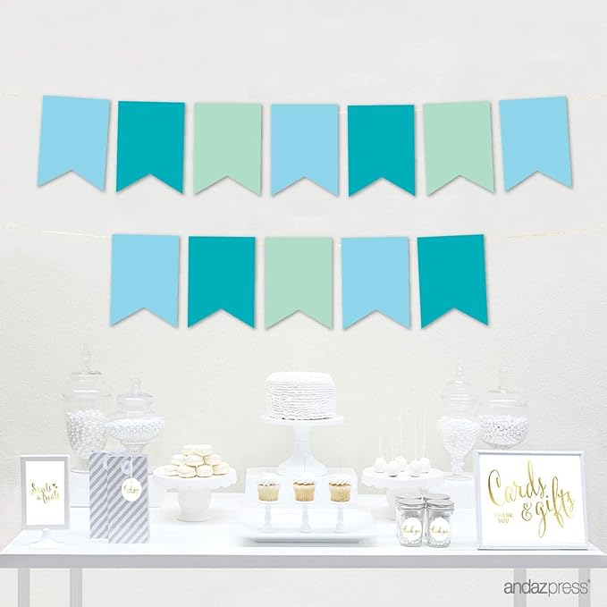 Andaz Press Hanging Pennant Banner with String, Baby Blue, Turquoise Aqua, Mint, 1-Set, 24 Pennants, Approx. 12-Feet Long