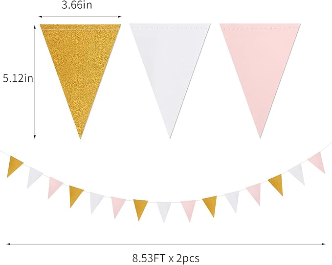 Pink White Gold Pennant Banner - 2 Pack Glitter Sprinkles Paper Triangle Flags, Birthday Bachelorette Engagement Wedding Baby Bridal Shower Party Decorations Bunting Lasting Surprise