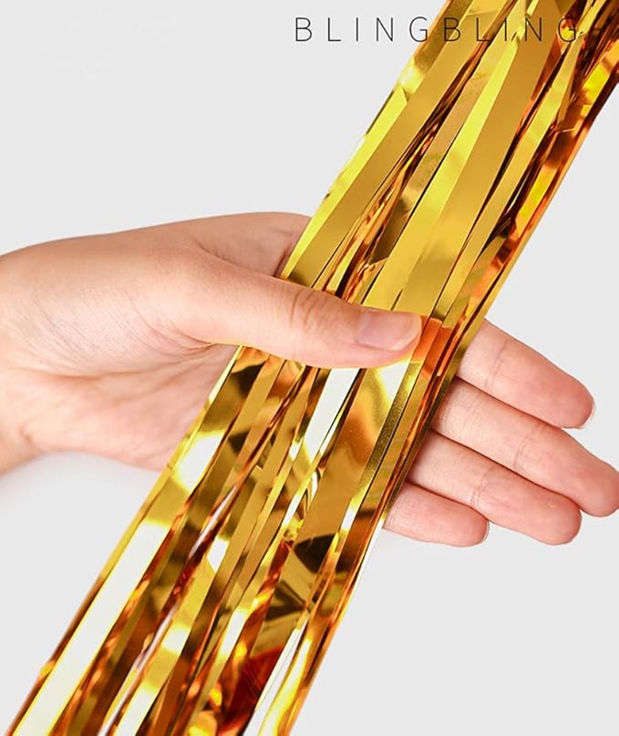 2 Pcs 3.2ft x 8.2ft Shiny Gold Metallic Tinsel Foil Fringe Curtains Photo Booth Backdrop for Birthday Wedding Holiday Celebration Bachelorette Party Decorations