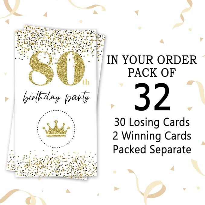 REWIDPARTY White Gold 80th Birthday Party Scratch Off Game Cards（32 PCS）Happy 80th Birthday Party Scratch Cards Cheers to 80 Years Party Supplies Activity for Birthday Raffle Tickets Kids Adults