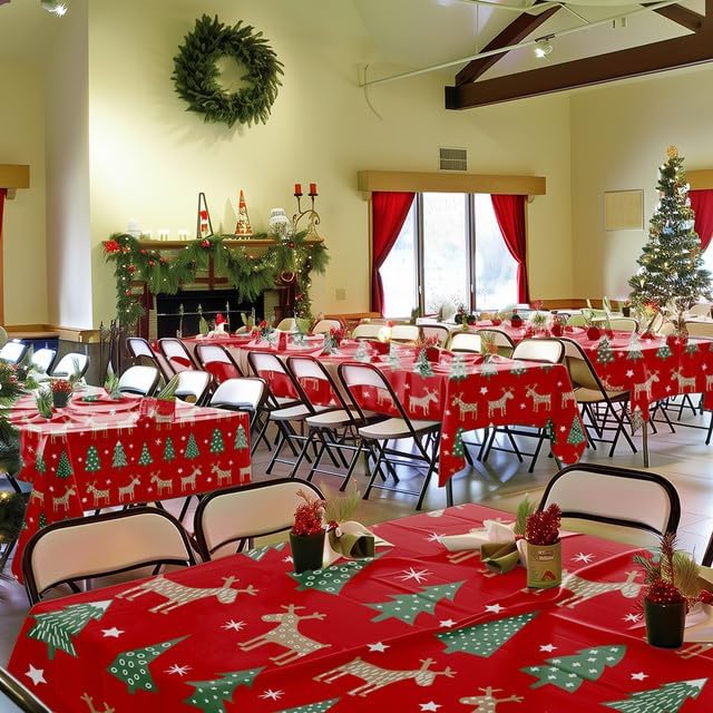 Christmas Red Plastic Table Cloth - 4 Pack 54" × 108" Rectangle Disposable Tablecloths for 6FT Tables, Table Cover for Party, Holiday & Gathering Use
