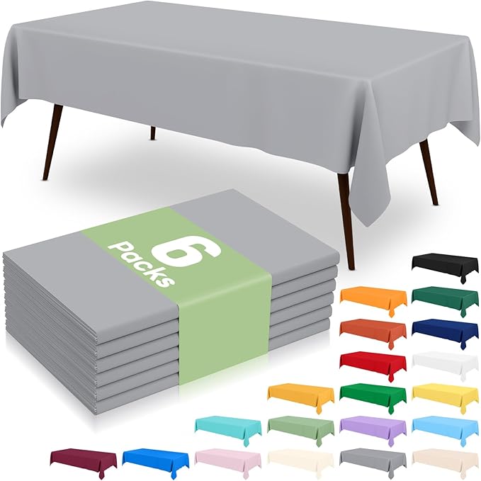 misaya 6 Packs Disposable Plastic Table Cloth, 54 x 108 Inch Waterproof Rectangle Tablecloth, Leakproof & Sturdy Decorative Table Covers for Easter, Picnic, Party and Outdoor, Grey