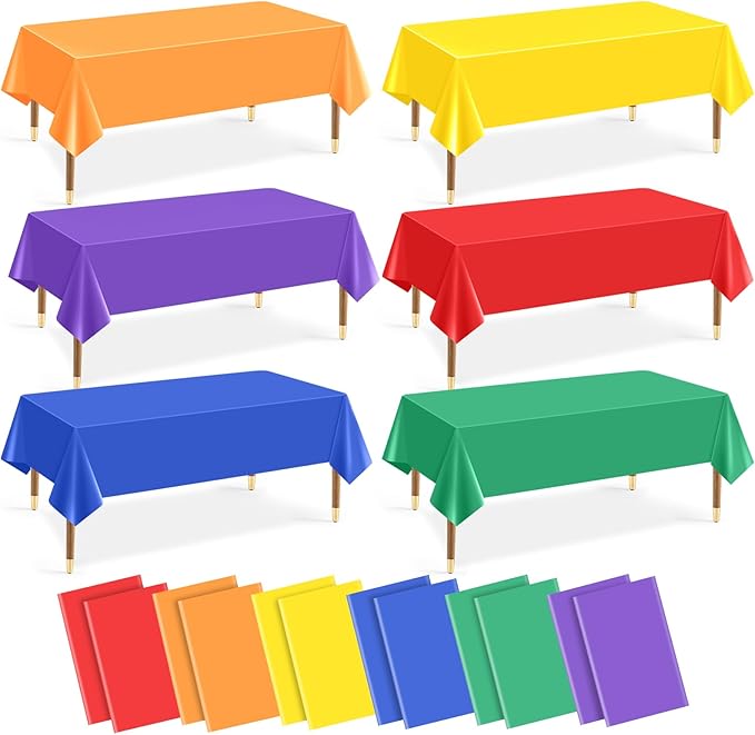 mwellewm 12Pcs Plastic Table Cloth Disposable, Assorted Color Rainbow Tablecloth Colorful Neon Rectangle Bulk Solid Table Cover for Birthday Wedding Graduation Picnic Party Decorations(54x72 Inch)