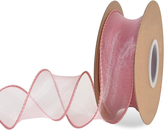 TONIFUL 1-1/2 Inch Wide Pink Wired Chiffon Ribbon Sheer Organza Ribbons for Crafts Floral Bouquets Wedding Car Party Decorations Valentine's Day Gift Wrapping Bow Making Tree Wreaths Decoration