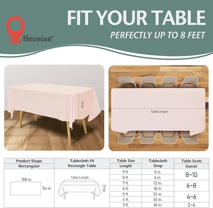 Disposable Plastic Tablecloth 54x108 Inch Rectangle - Blush Pink, 4 Pack Waterproof & Tear-Resistant Party Table Cover for Dining, Picnic, Crafts, Holiday Decor